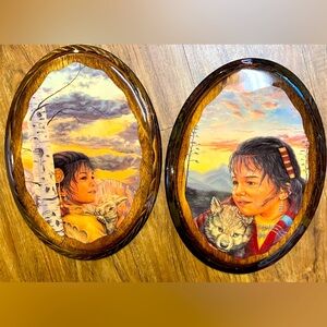 Vintage 1970s American Indian girl, wall, art lacquer wood, rabbit and wolf